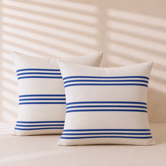 Blue Pinstripe Banded Cushion Cover