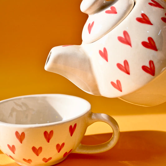 Ceramic Tea Pot & Cup Set - Red Hearts