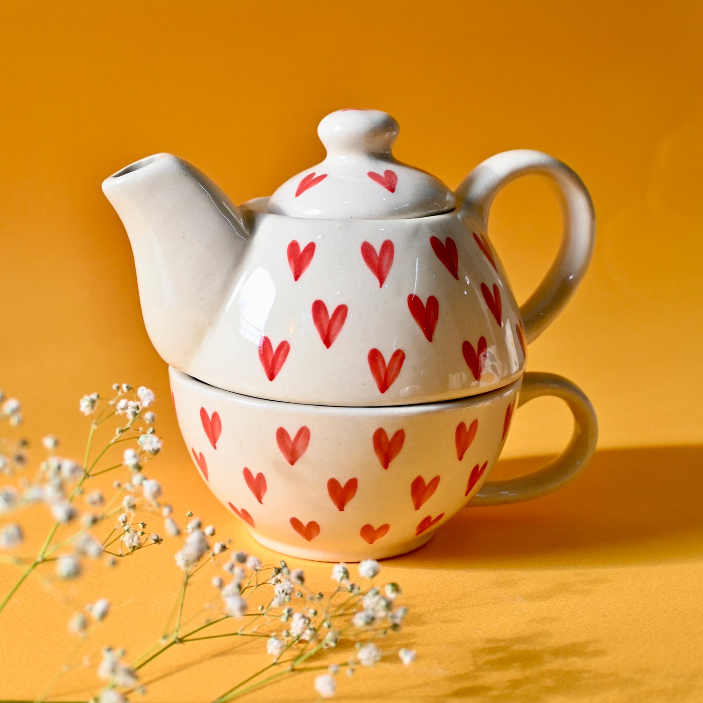 Ceramic Tea Pot & Cup Set - Red Hearts