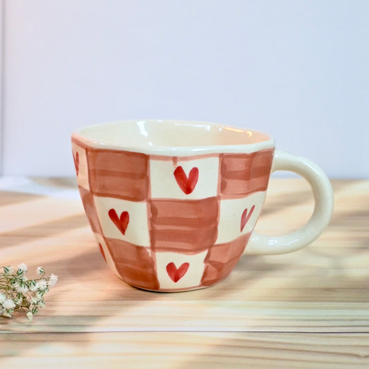 Red Checks Hearts Ceramic Mug