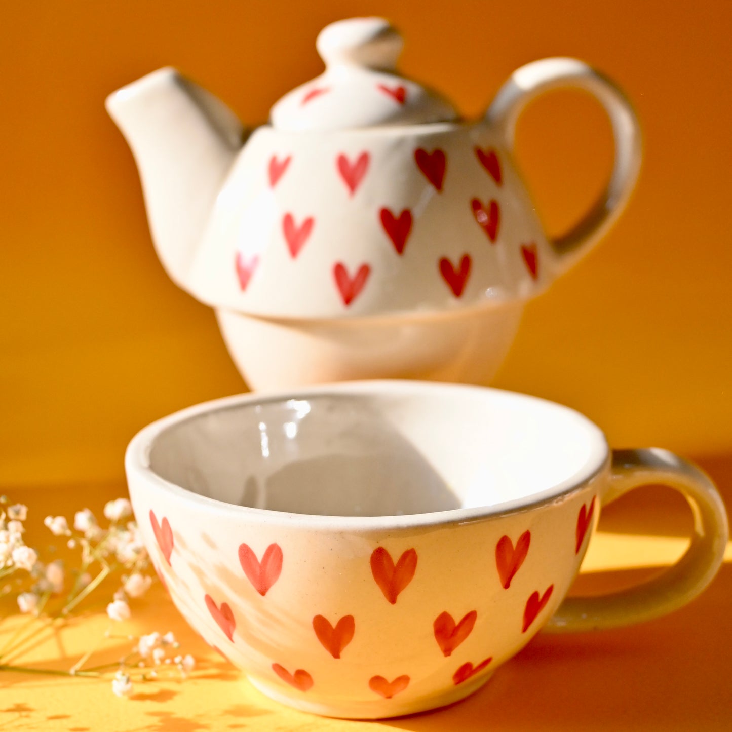 Ceramic Tea Pot & Cup Set - Red Hearts