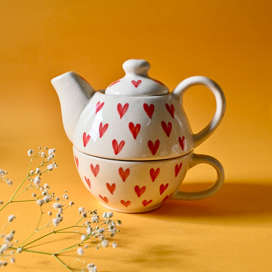 Ceramic Tea Pot & Cup Set - Red Hearts