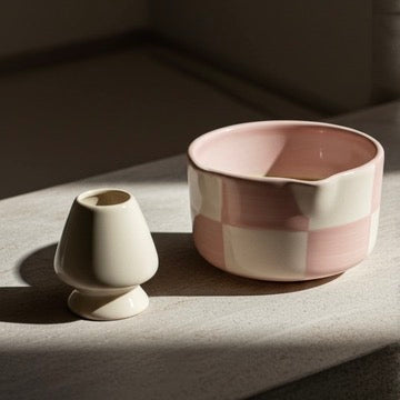 Aesthetic Pink and White Checkered Matcha Set | Ceramic Bowl & Whisk Holder