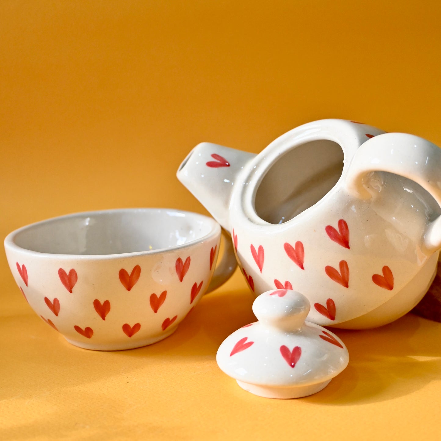 Ceramic Tea Pot & Cup Set - Red Hearts