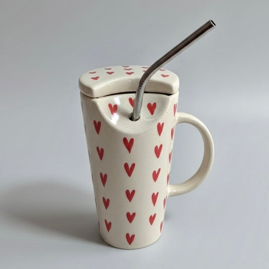 Red Hearts Pinteresty Ceramic Tumbler with Straw and Lid