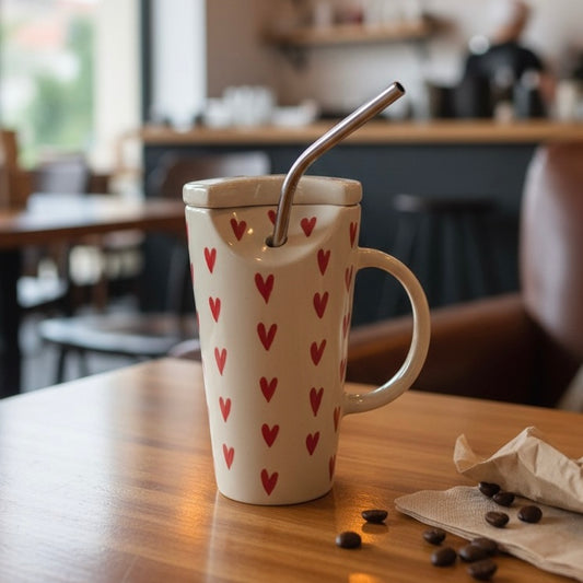 Red Hearts Pinteresty Ceramic Tumbler with Straw and Lid