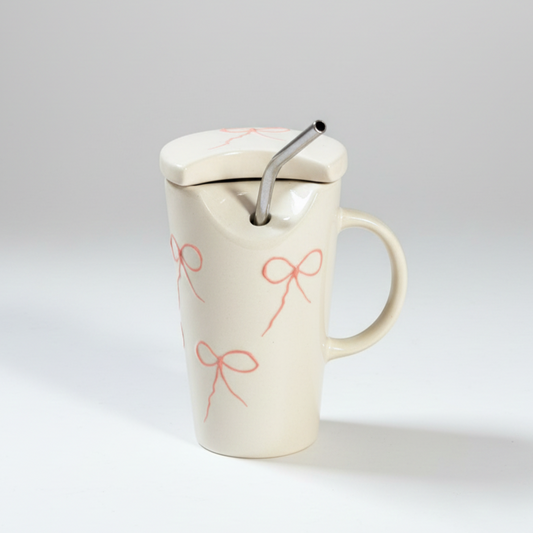 Minimal Pink Bow Tumbler with Straw and Lid
