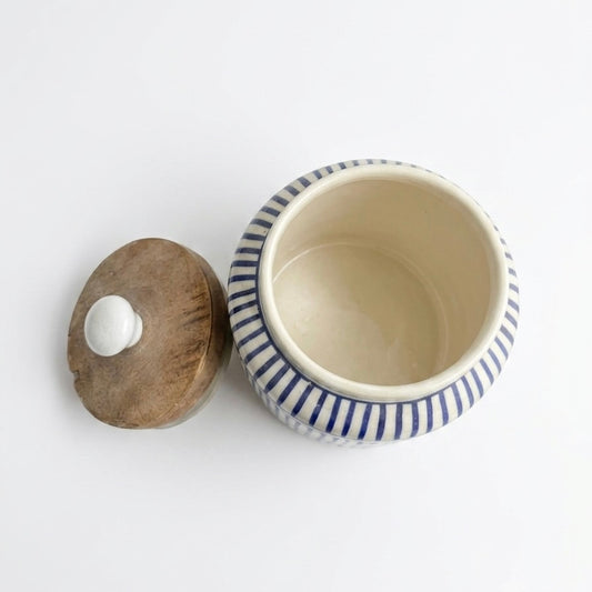 Blue Stripe Ceramic Storage Jar with Wooden Lid