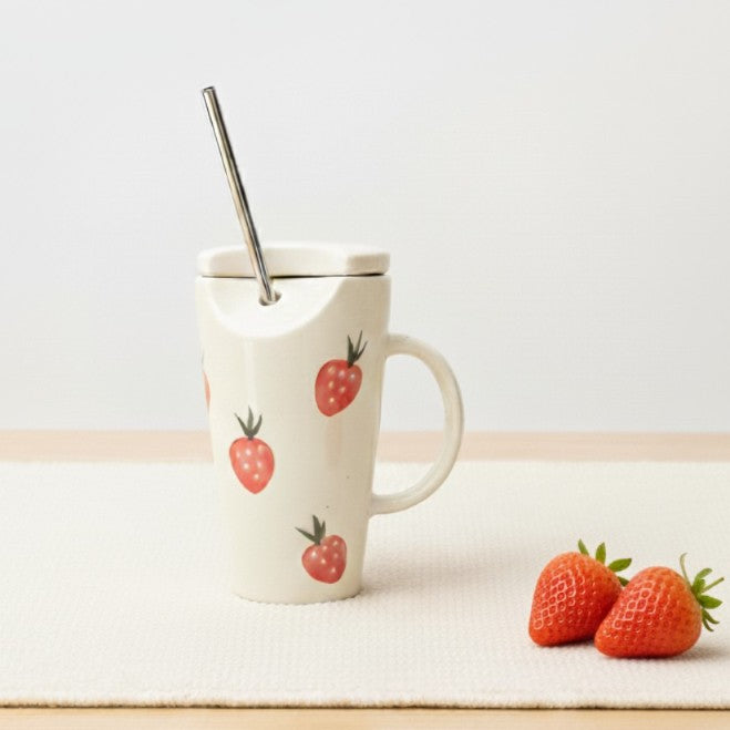 Strawberry Ceramic Tumbler with Straw and Lid
