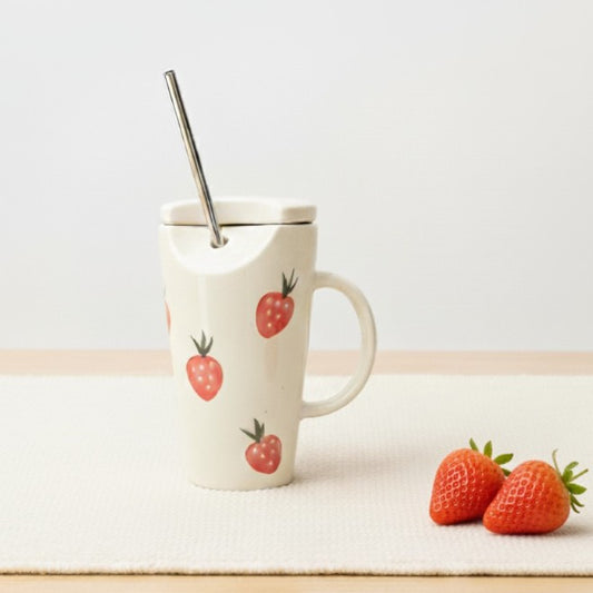 Strawberry Ceramic Tumbler with Straw and Lid