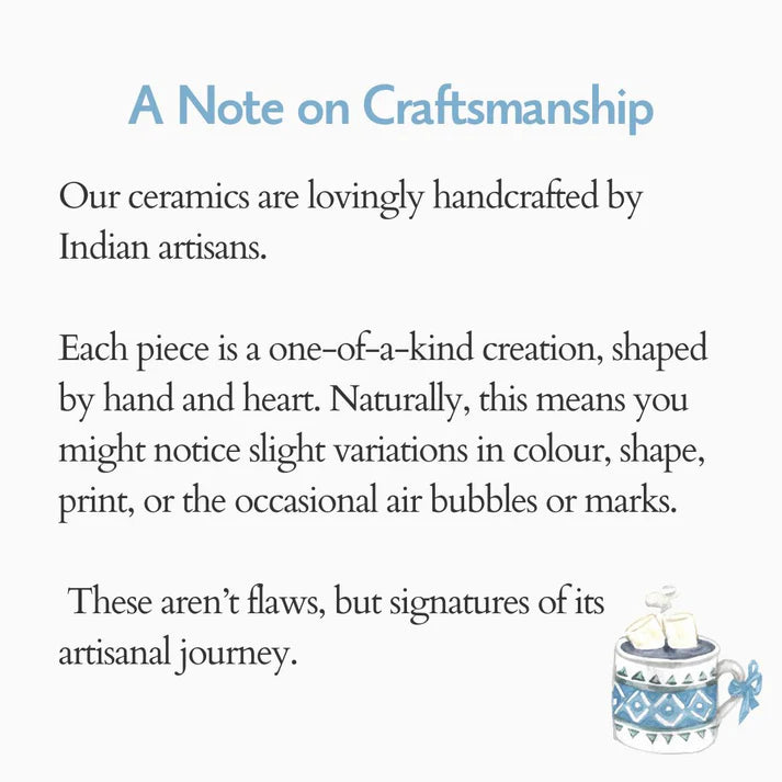 Text about handcrafted ceramics by Indian artisans with a decorative teacup illustration on a white background from Saabi House