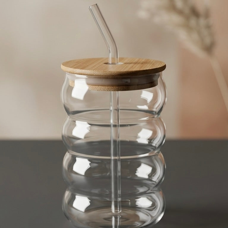 Bubble Glass Tumbler with Bamboo Lid & Straw