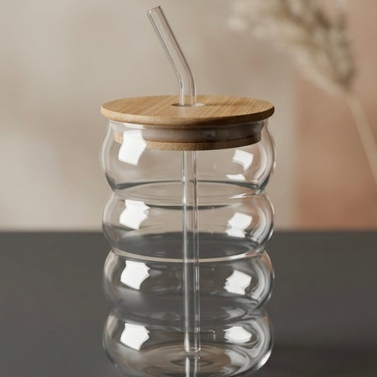 Bubble Glass Tumbler with Bamboo Lid & Straw