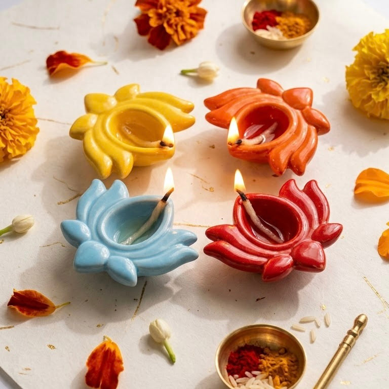 Lotus Ceramic Colourful Diya Set - 4 Pieces
