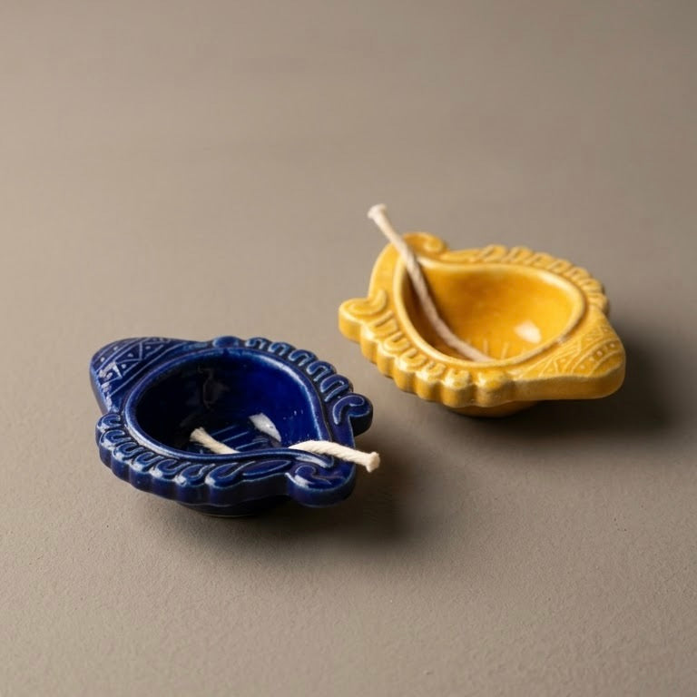 Hand-Painted Ceramic Leaf Diya - Blue & Yellow