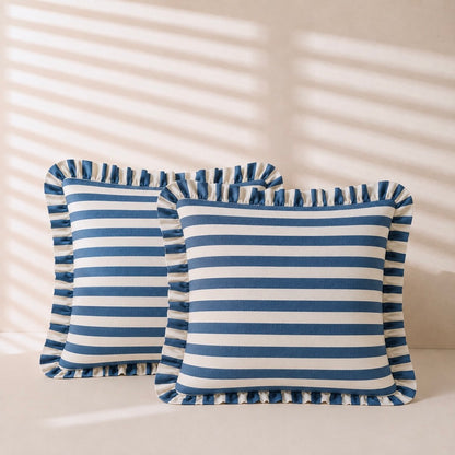 Denim Blue Striped Ruffle Cushion Cover