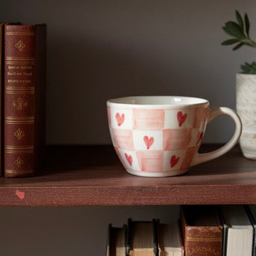 Red Checks Hearts Ceramic Mug