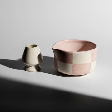 Aesthetic Pink and White Checkered Matcha Set | Ceramic Bowl & Whisk Holder