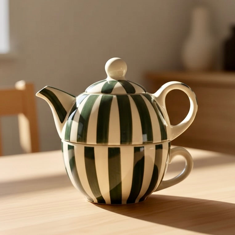 Modern Green & White Stoneware Tea Pot & Cup Set