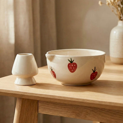 Aesthetic Strawberry Matcha Set | White Ceramic Bowl & Whisk Holder