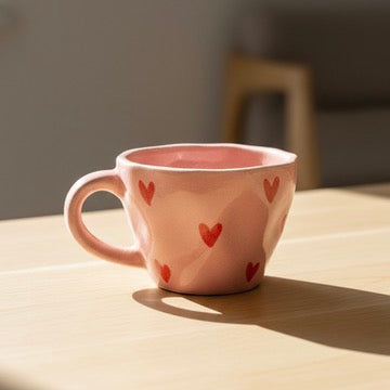 Pink mug with heart patterns on a wooden surface