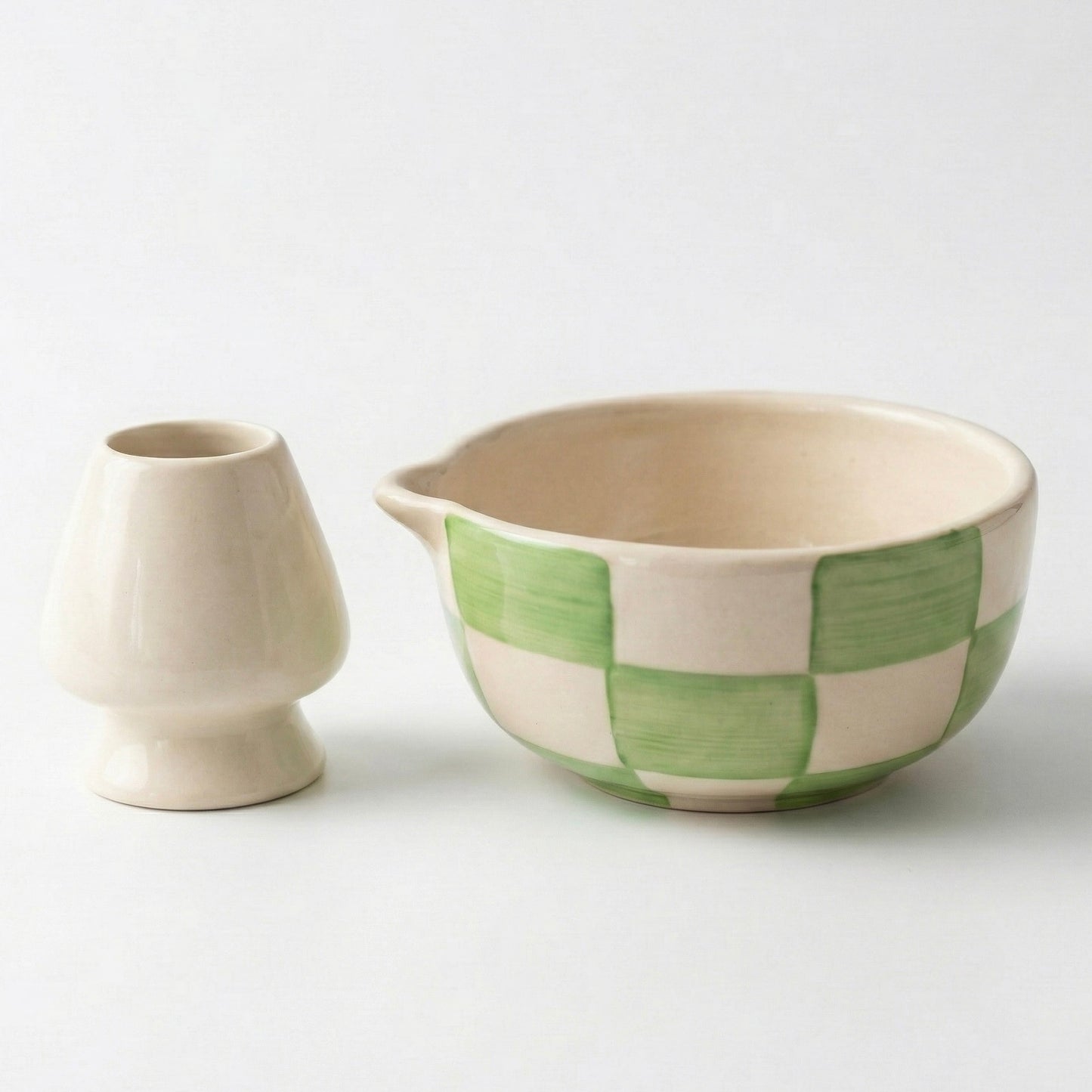 Green and White Checkered Matcha Set | Ceramic Bowl & Whisk Holder