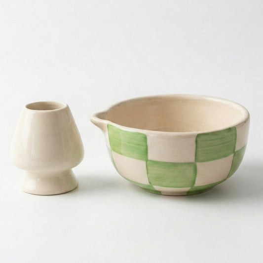 Green and White Checkered Matcha Set | Ceramic Bowl & Whisk Holder