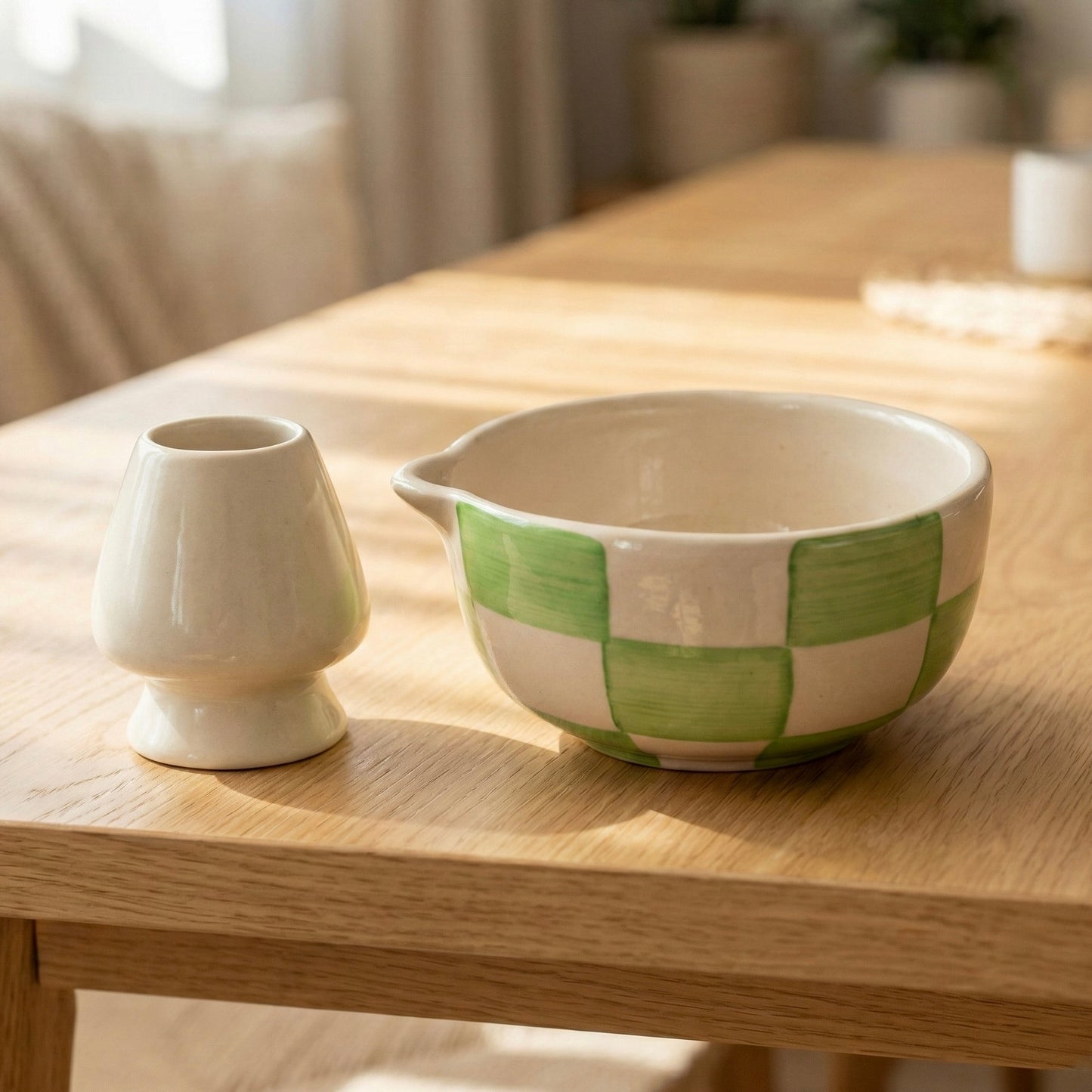 Green and White Checkered Matcha Set | Ceramic Bowl & Whisk Holder