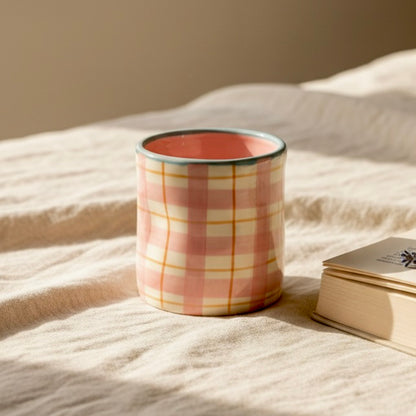 Pink Checkered Pinched Tumbler - Cute Ceramic Glass