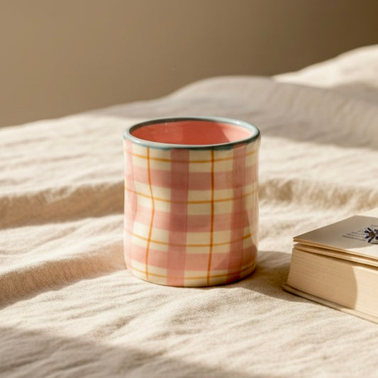 Pink Checkered Pinched Tumbler - Cute Ceramic Glass