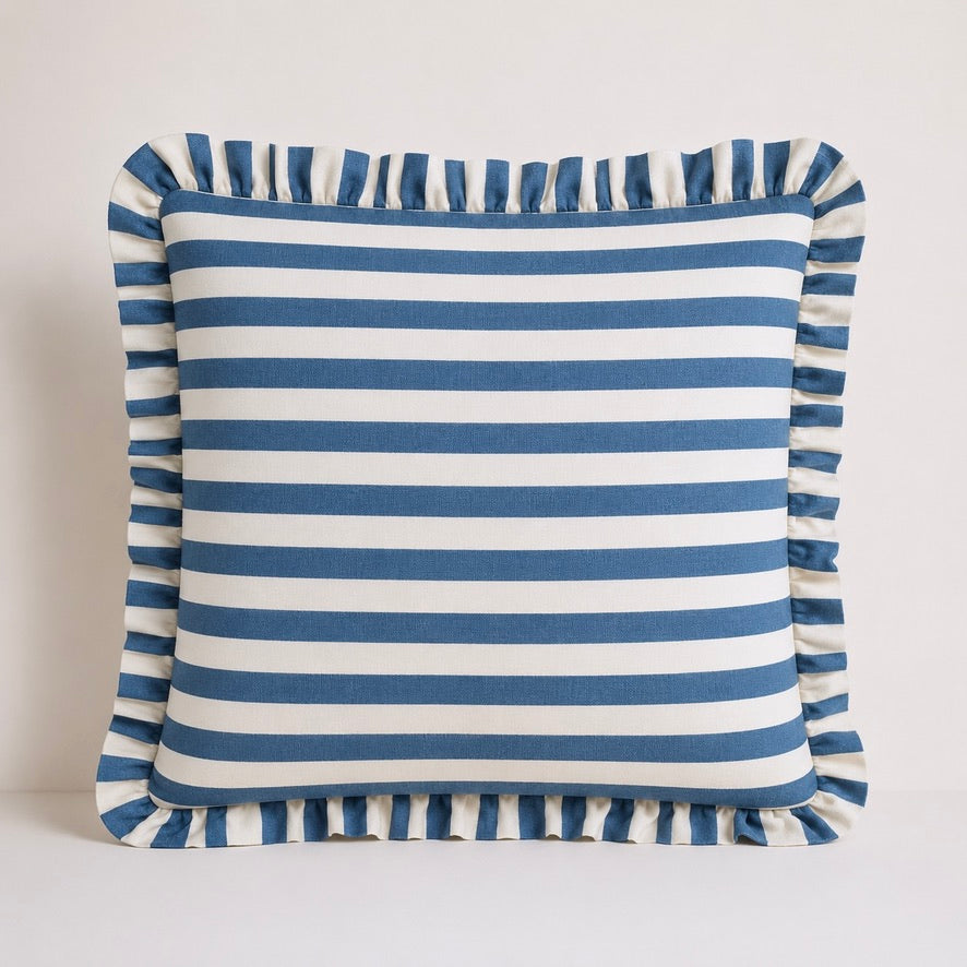 Denim Blue Striped Ruffle Cushion Cover