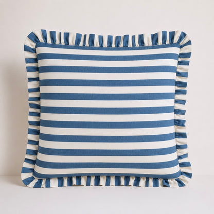 Denim Blue Striped Ruffle Cushion Cover