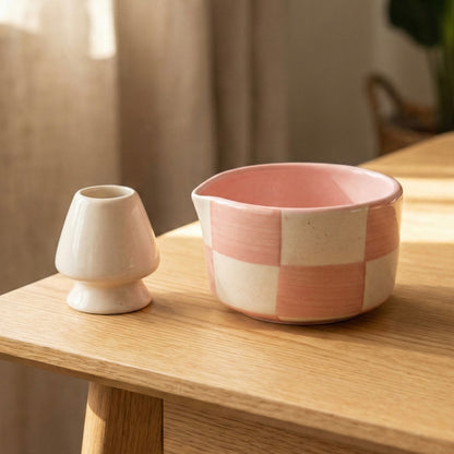 Aesthetic Pink and White Checkered Matcha Set | Ceramic Bowl & Whisk Holder