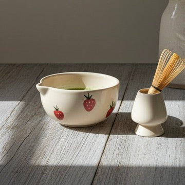 Aesthetic Strawberry Matcha Set | White Ceramic Bowl & Whisk Holder