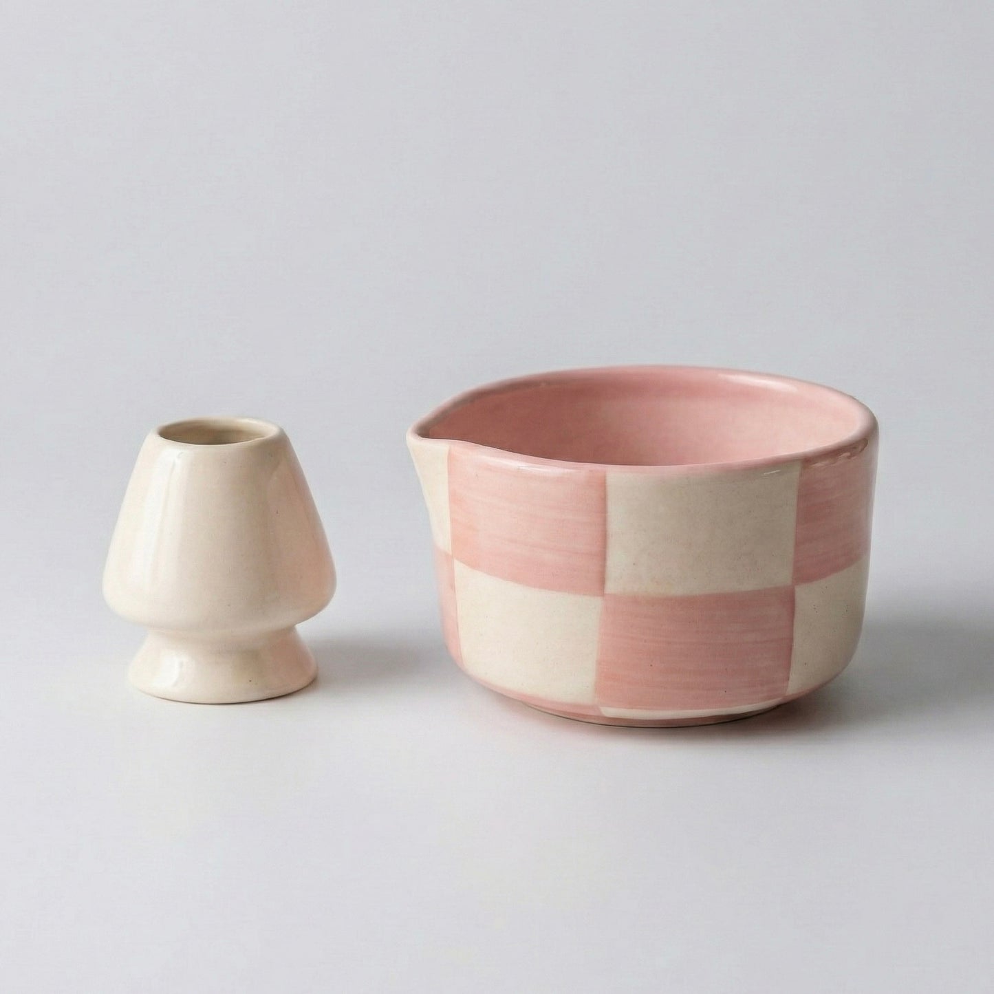 Aesthetic Pink and White Checkered Matcha Set | Ceramic Bowl & Whisk Holder
