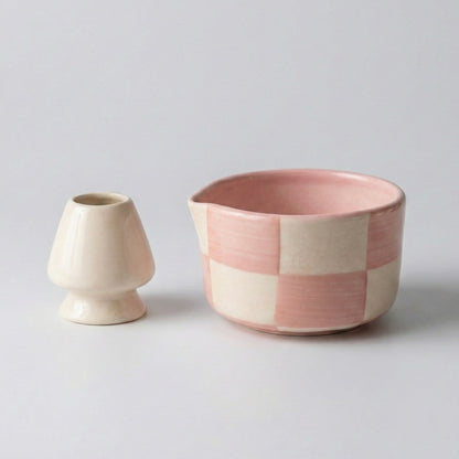 Aesthetic Pink and White Checkered Matcha Set | Ceramic Bowl & Whisk Holder