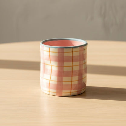 Pink Checkered Pinched Tumbler - Cute Ceramic Glass