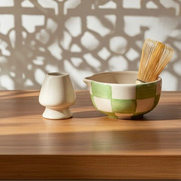 Green and White Checkered Matcha Set | Ceramic Bowl & Whisk Holder