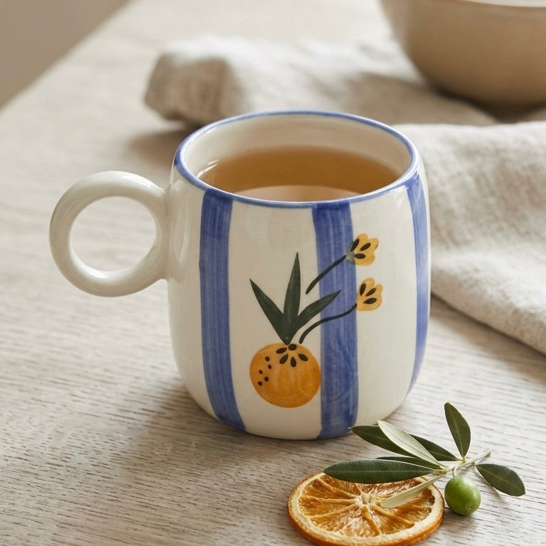 Decorative mug with floral design on a wooden surface with dried orange and leaves.