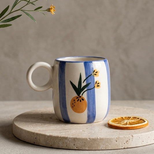 Ceramic mug with floral design on a stone surface with a neutral background