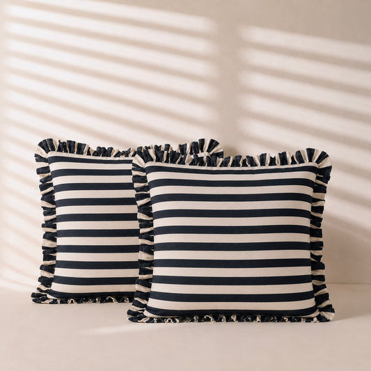 Black Striped Cushion Cover with Ruffle Edge