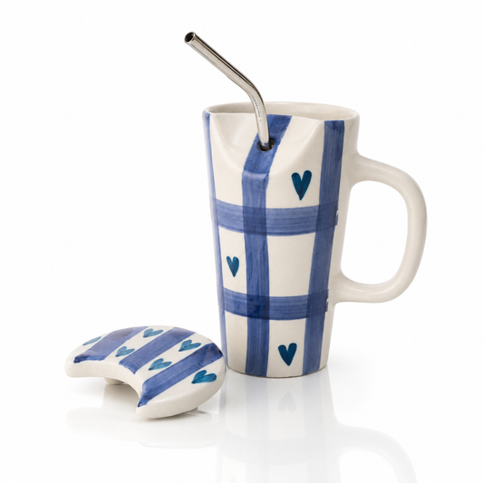 Blue Gingham Heart Ceramic Travel Mug with Straw and Lid
