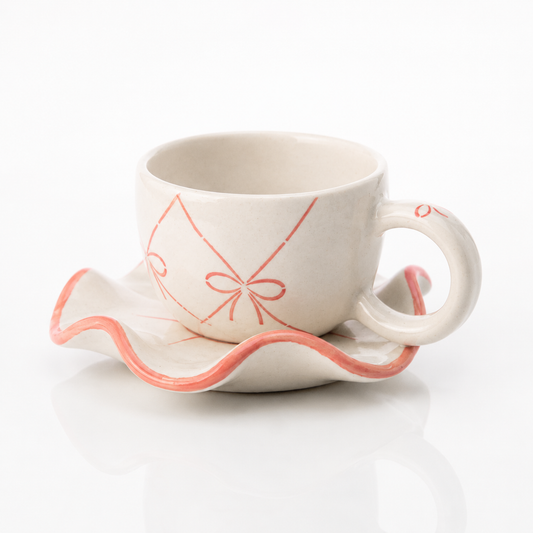 Ribbon Bow Ceramic Cup & Ruffled Saucer Set