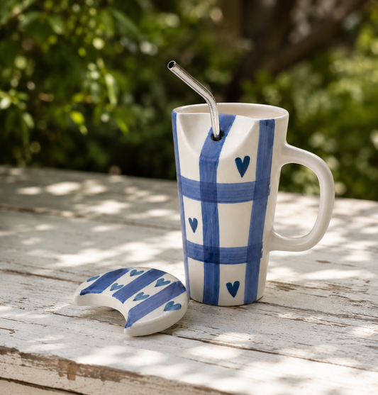 Blue Gingham Heart Ceramic Travel Mug with Straw and Lid
