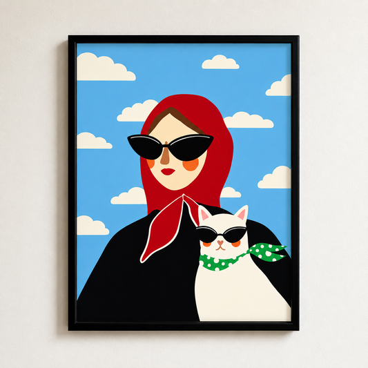 Retro Woman & Cat Illustration Framed Wall Art