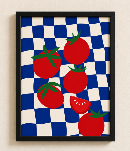 Tomato Illustration Framed Wall Art – Blue Checkered Print