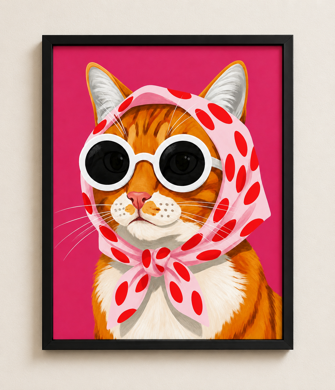 Ginger Cat Headscarf Framed Wall Art – Retro Pet Portrait Print