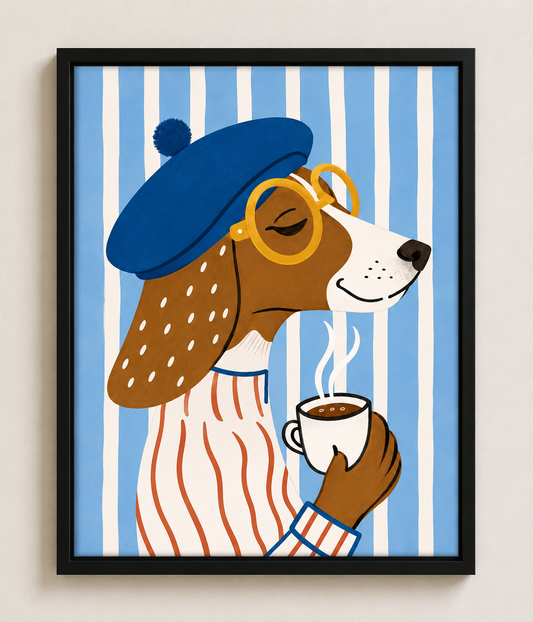 French Dog Illustration Framed Wall Art – Beret & Coffee Print