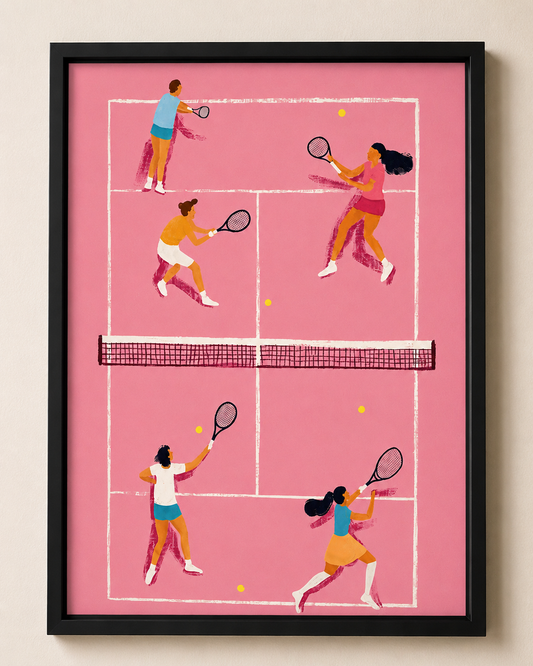 Pink Tennis Illustration Framed Wall Art – Doubles Court Print