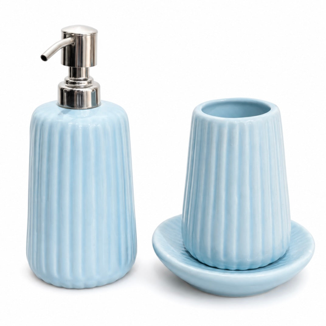 Sky Blue Ribbed Ceramic Bathroom Accessory Set